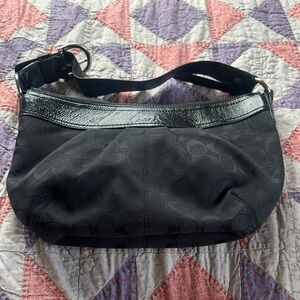 Coach Black Signature Fabric Shoulder Bag with Patent Trim